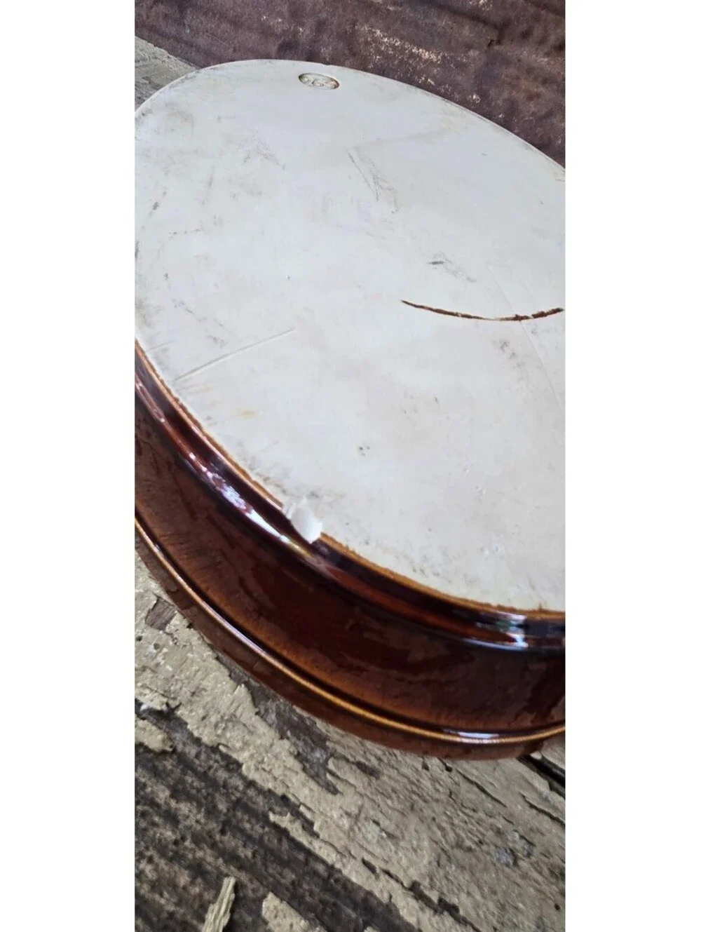 Vintage Ceramic oval baking dish with brown exterior and cream interior